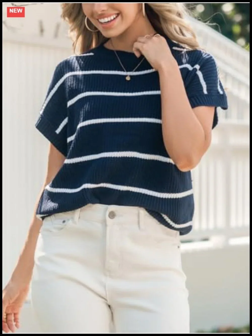 Womens Striped Short Sleeve Knit Sweater Casual Crew Neck Cap Sleeve Pullover